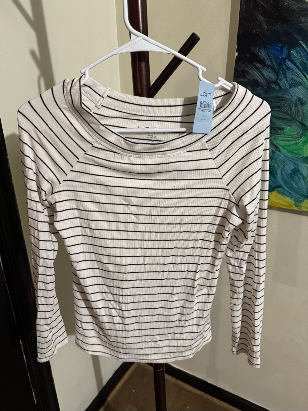 LOFT Cream Long-Sleeve Ribbed Tee with Black Stripes NWT